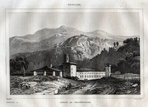 Abadia beneditina de Santa Maria di Vallombrosa situada no município de Reggello, na Toscana - Abadia de Vallombrosa - Gravura de "Itália Pitoresca" - Pintura Histórica e Descritiva da Itália" de M. de Norvins, Ch. Nodier 1834-1836. de French School