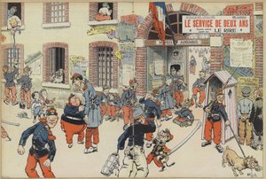 Sátira sobre a introdução do alistamento no exército francês. Ilustração para Le Rire (cor litho) de French School