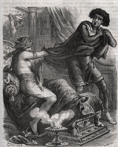 Cena da Bíblia: "Ela agarrou o jovem demasiado virtuoso pela sua túnica". A esposa de Putiphar (Potiphar) tenta seduzir José, um escravo do faraó. Gravura de 1871 em "Histoire Des Cocus Celebres" de Henry de Kock (1819-1892). de French School