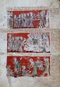 Cena da vida estudantil no Hubant College ou na Ave Maria em Paris Cenas da vida estudantil (refeições, caridade) e regulamentos universitários. Faixas de 7 a 9. Página manuscrita "Livre des statutes du College de Hubant ou de l