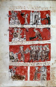 Cena da vida estudantil no Colégio de Hubant ou Ave Maria em Paris Cenas da vida estudantil (obras de caridade, distribuição de livros, manutenção do pátio inferior) e regulamentos do colégio. Faixas 24 a 27. Página manuscrita "Livre des statutes du Colleg de French School