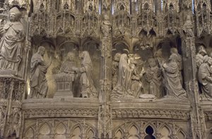 Cena do coro da catedral de Chartres: à esquerda: aparição de cristo à sua mãe, à direita: ascensão. de French School