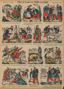 Cenas das guerras coloniais francesas na Argélia e Tunísia (gravura colorida) de French School