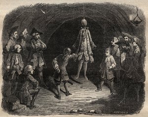 Escola de ladrões criada pelo bandido Louis Dominique Garthausen dit Cartridge (1693-1721) em uma carreira em Paris: um modelo pendurado no teto cujos bolsos devem ser esvaziados sem se mover sob pena de receber uma chuva de tiros - Escola de ladrões de French School