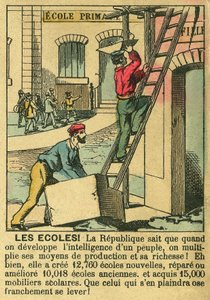 Escolas, ilustrando os benefícios da Terceira República para o desenvolvimento da educação nas escolas. Gravura, em "Le Figaro, suplemento", em 30/03/1889, Paris. Coll. Selva. de French School