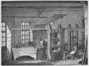 Ciência. Produção de Papel. Papel feito à mão. Gravura em: Grandes homens e grandes factos da indústria, França, c.1880 (gravura) de French School