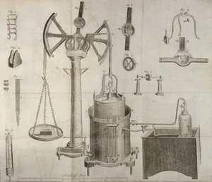 Equipamento científico, dos elementos da química por Antoine Laurent de Lavoisier (1743-94) gravado por D. Lizars, 1796 de French School