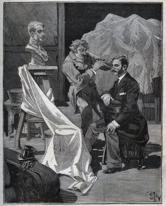 Escultura, oficina de um escultor, foco e escultura de um busto. Gravura a partir de 1880 em "Les arts et metiers illustres" de Adolphe BITARD. de French School