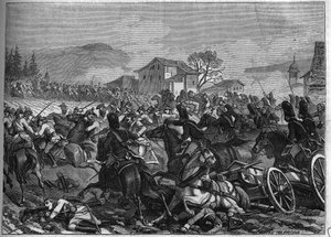 Segunda Coligação (1798-1800): Batalha de Stockach em 3 de Maio de 1800 contra a França e Áustria - Gravura de 1865 no "Histoire du Consulate et de l
