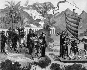 Segunda guerra do ópio entre França e Inglaterra e a China (1858-1860): A caricatura chinesa do conflito. Um barco está pronto para se aproximar da costa sob o olhar zombeteiro de um grupo de chineses. A bordo do barco, dois caracteres representando a Fran de French School