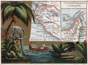 Senegal, Mayotte, Ile de Sainte Marie, Nossi Be (Nossi-be ou Nosy-be ou Nosy be), África. Elefante, crocodilo e barco em um rio. Série sobre as colónias francesas. Chromolitografia (Chromo) "o fio geográfico", por volta de 1920. Colecção privada. de French School
