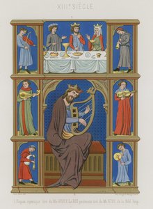 Série de imagens do século XIII representando um jantar místico, músicos e um rei tocando uma lira de French School