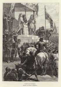 Serment de Strasbourg. Juramentos de Estrasburgo, a aliança entre Luís o Alemão e Carlos o Careca, Reis do Oriente e da França Ocidental, 842 (gravura) de French School