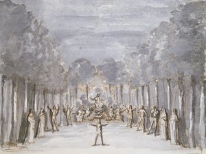 Cenário para uma ópera, de uma coleção intitulada Les Menus Plaisirs du Roi (caneta e tinta e wc no papel) de French School