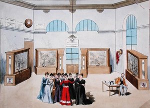 Desenho de conjunto para uma opereta com operadoras em uma central telefônica. final do século XIX (cor litho) de French School