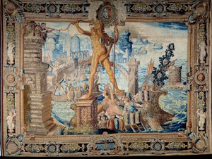 Sete maravilhas do mundo: o Colosso de Rodes (estátua de Hélio). Tapeçaria feita pela oficina dos Gobelins. Paris do século XVII, Musee des Gobelins de French School