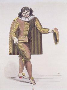Sganarelle em LEcole des Maris por Molière, estreou em 24 de junho de 1661 no Palais-Royal Theatre, em Paris (caneta, tinta e wc no papel) de French School