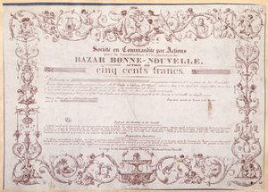 Certificado de ações por 500 francos para o Bazar Bonne-Nouvelle, 1836 de French School