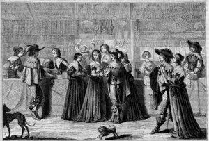 Lojas na Galerie du Palais (Paris), meados do século XVII. Da esquerda para a direita: uma livraria, uma livraria, uma loja de retrosaria, e uma loja de malandros, luvas e atacadores. Gravura de Foulquier em "Le Magasin pitoresco". de French School