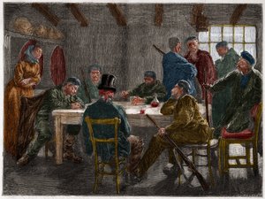 Máfia siciliana no século XIX: Interrogatório de um proprietário de terras ab-rogado pela máfia siciliana em 1873. Gravura a partir de 1873. de French School