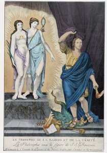 Siecle des Lumieres: "O Triunfo da Razão e da Verdade": sob a figura de Jean Jacques Rousseau, a Filosofia descobre ao universo Razão e Verdade, veladas pelo erro e pela mentira representada por um dragão e pelos atributos do papado que ele corta em de French School