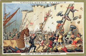 Cerco de Paris pelos normandos no século IX, publicidade para a Chocolaterie Saintoin, c.1900