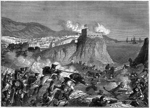 Cerco de Ragusa (República de Ragusa) (Ragusa em Dubrovnik croata) durante as Guerras Napoleónicas em Maio e Junho de 1806 (campanha da Dalmácia pelo General Molitor e Lauriston) - em "História do império seguindo a história do consulado" por Adolphe Thier de French School