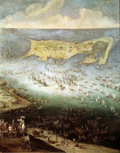 Cerco da Cidadela de São Martinho em Ile de Re, em 1627 (pintura, c.1640) de French School
