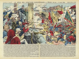 Cerco das legações europeias em Pequim, Rebelião Boxer, China, 20 de junho - 15 de agosto de 1900 (litografia a cores) de French School