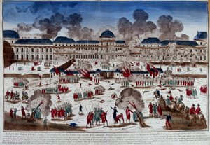 Cerco do castelo (palácio) das Tuileries em 10 de agosto de French School