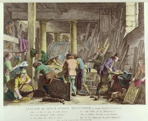 Oficina de marcenaria Sieur Jadots (gravura a cores) de French School