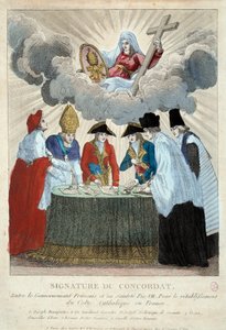 Assinatura da Concordata de 1801 em 15/07/1801: é assinada entre o governo francês (aqui representado por Joseph Bonaparte) e o Saint Siege (representado pelo Cardeal Consalvi para o Papa Pio VII). 1801 Paris, Musee Carnavalet de French School