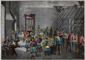 Oficina de prataria na França, no século XIX. Gravura a partir de 1885 em "Les arts et metiers illustres" de Adolphe BITARD. de French School