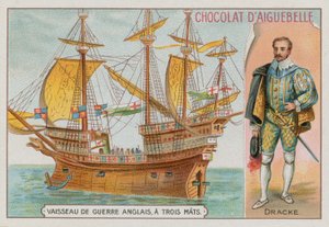 Sir Francis Drake e um navio de guerra inglês de três mastros de French School