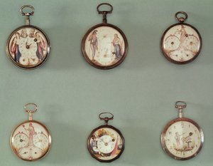 Seis relógios de bolso decorados com símbolos revolucionários (metal e esmalte) de French School
