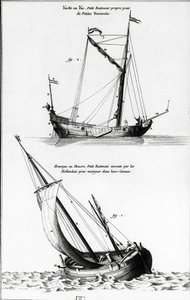 Esboço de barcos: um iate ou yac e uma hora ou hollock, que é um pequeno barco inventado pelos holandeses para navegar nos canais - na "Diderot encyclopedia", vol 7 Marine, gravura, Bibl. Mazarine. de French School
