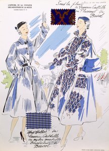 Sketches e swatches de tecido, de "A cor oficial das indústrias da moda" (cor lito) de French School