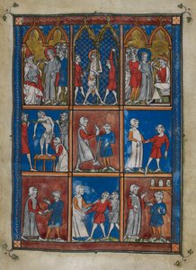 Sloane MS 1977 fol.6r Nove miniaturas mostrando cenas bíblicas e médicas. Acima, Cristo diante de Caifás e Pilatos; a flagelação. Centro e abaixo, médicos que tratam pacientes com ossos quebrados e outras doenças de French School