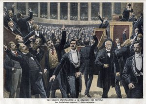 Os Socialistas cantam A Internacional na Câmara dos Deputados em França em plena sessão na presença de Georges Clemenceau (1841-1929) - "Le Petit Journal", maio de 1909 (gravura) de French School