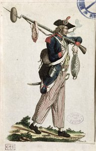 Soldado da Revolução Francesa carregando uma baioneta à qual está ligado um pedaço de pão e um pedaço de carne: LA 11 1794 de French School