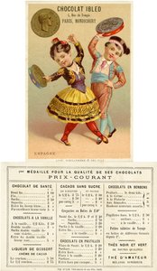 Crianças espanholas dançando com tamborins feitos de pesetas, de uma série de cartões promocionais sobre moedas em diferentes países, publicados em Paris por Vieillemard para uso por Chocolat Ibled, 1886-95