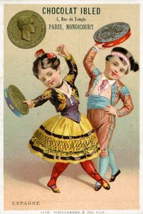 Crianças espanholas dançando com tamborins feitos de pesetas, de uma série de cartões promocionais sobre moedas em diferentes países, publicados em Paris por Vieillemard para uso por Chocolat Ibled, 1886-95