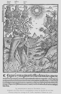 O filósofo espanhol e terciário franciscano Ramon Llull em contemplação, dirigindo todas as faculdades de sua alma a Deus (litho) de French School