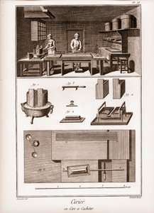 Fábrica de cera espanhola - oficina onde a cera é poilit - "La Grande Encyclopedie, ou Dictionnaire Raisonne des Sciences, des Arts et des Metiers" (Enciclopédia ou Dicionário das Ciências, Artes e Profissões) de Denis Diderot (1713-1784) e Jean d