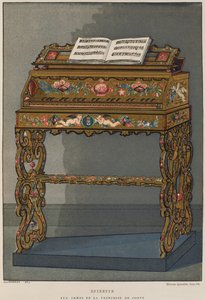 Espineta com o brasão de armas da Princesa de Conti, ilustração do Dictionnaire de lameublement et de la decoration de Henry Havard, volume 2, placa 26, Paris, Maison Quantin, 1878 (cor litho de French School