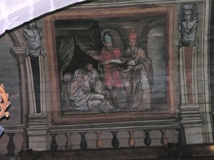 St. Cornely realizando um milagre (madeira pintada) de French School