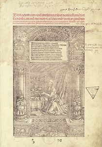 São Jerônimo em seu Studiolo, página de título de uma Bíblia, impressa por J. Marion, Lyon, 1521