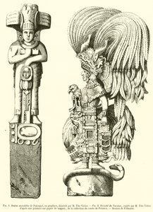 Estátua de pórfiro monolítico de Palenque; Divinita Yucatan (gravura) de French School