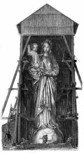 Estátua de Notre Dame de France em Puy en Velay (Puy-en-Velay) no Haute Loire (43): modelo da estátua a ser derretida a partir do ferro dos cânones tirados em Sebastopol. A estátua foi concluída em 1860 e tinha 16m de altura. A partir de uma fotografia. Gr de French School