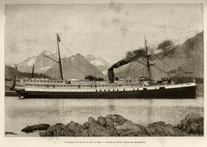 Steamer The Queen, no porto de Sitka (Alasca, EUA). Gravado por Bocher, em 1890, em Le tour du monde, nouveau journal des voyages, editado por Edouard Charton (1807-1890), 2º semestre 1891, edição Hachette, Paris. de French School